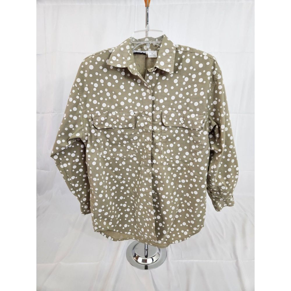 Ilio Womens‎ Polka Dot Button Down Shirt Olive Green Long Sleeve Pockets Size M